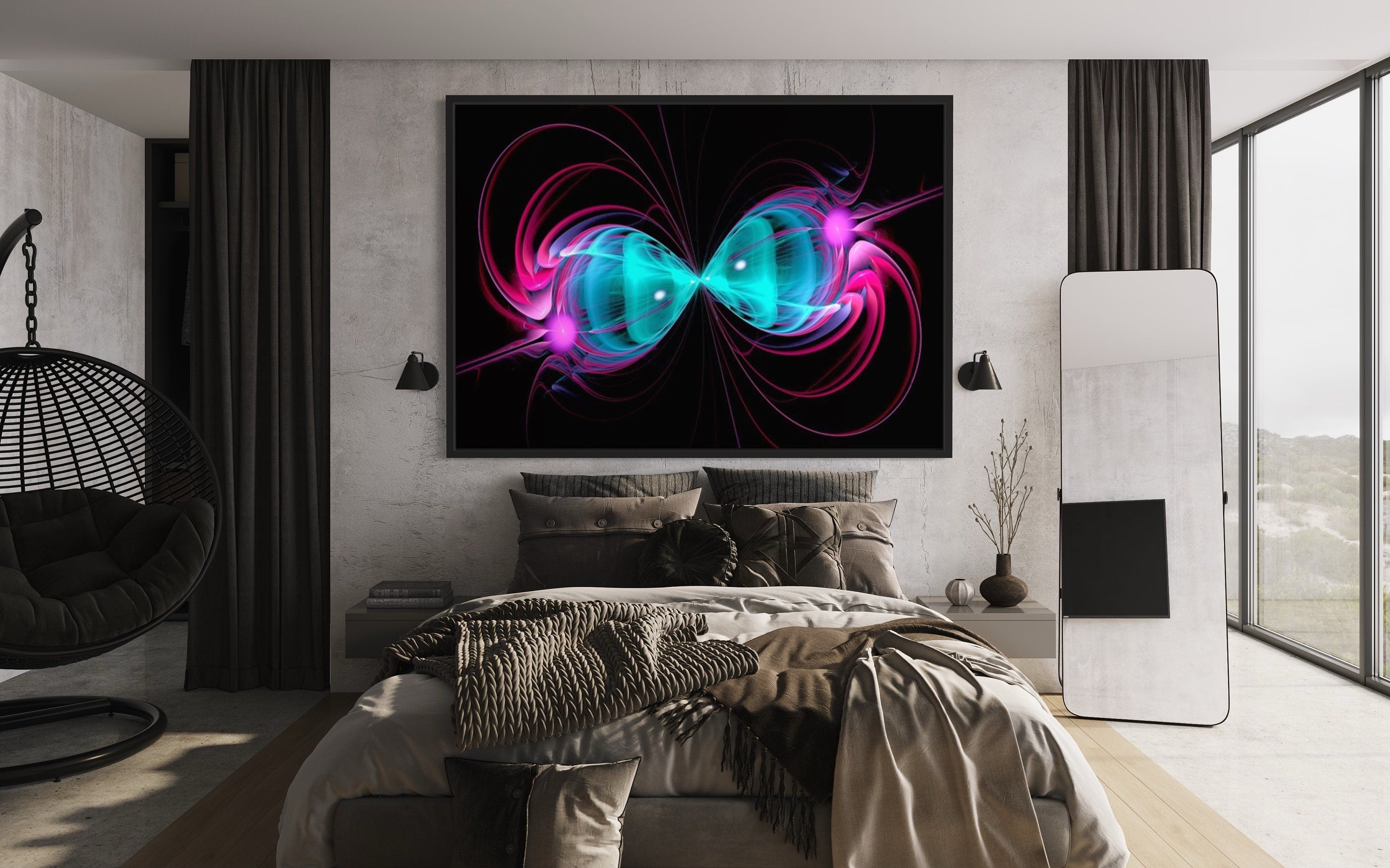 A vibrant pink and blue long exposure pattern print featuring a symmetrical geometric design, perfect for home or office decor.