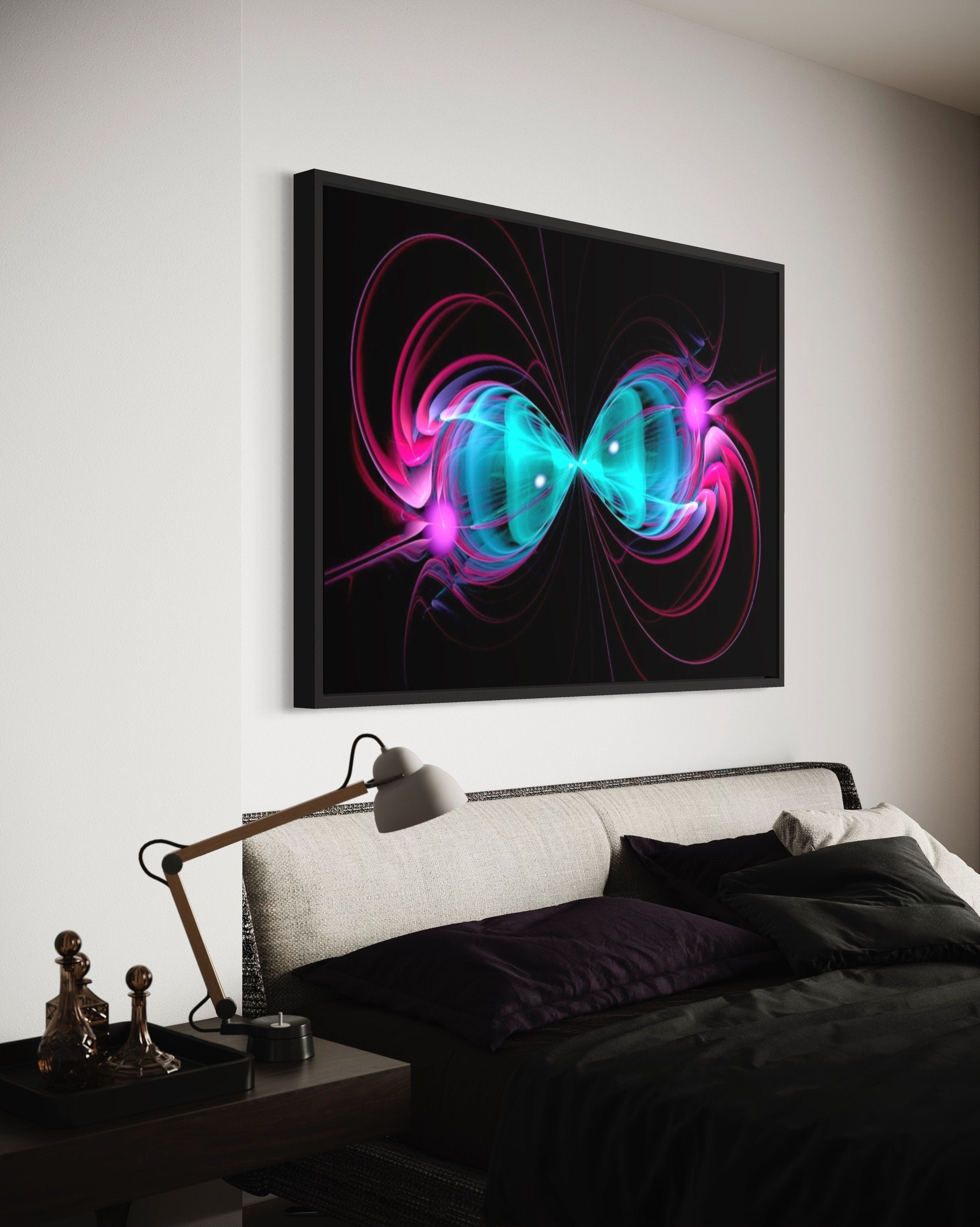 A vibrant pink and blue long exposure pattern print featuring a symmetrical geometric design, perfect for home or office decor.