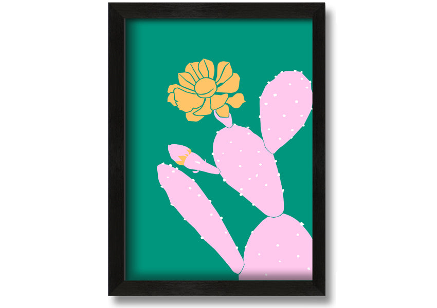 A vibrant pink cactus with a bright yellow flower, beautifully framed, ready to hang.