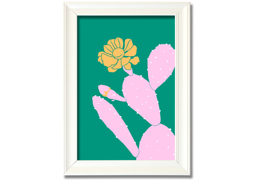 A vibrant pink cactus with a bright yellow flower, beautifully framed, ready to hang.