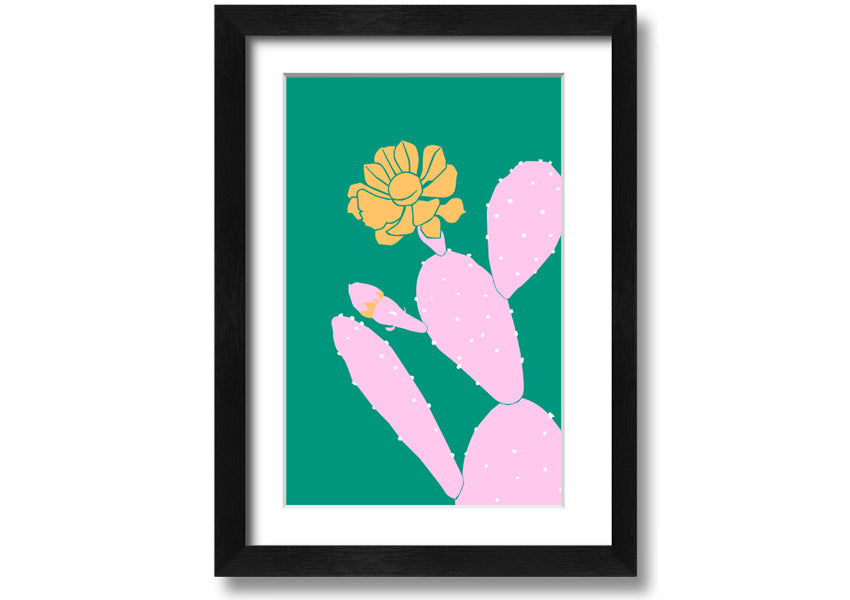 A vibrant pink cactus with a bright yellow flower, beautifully framed, ready to hang.