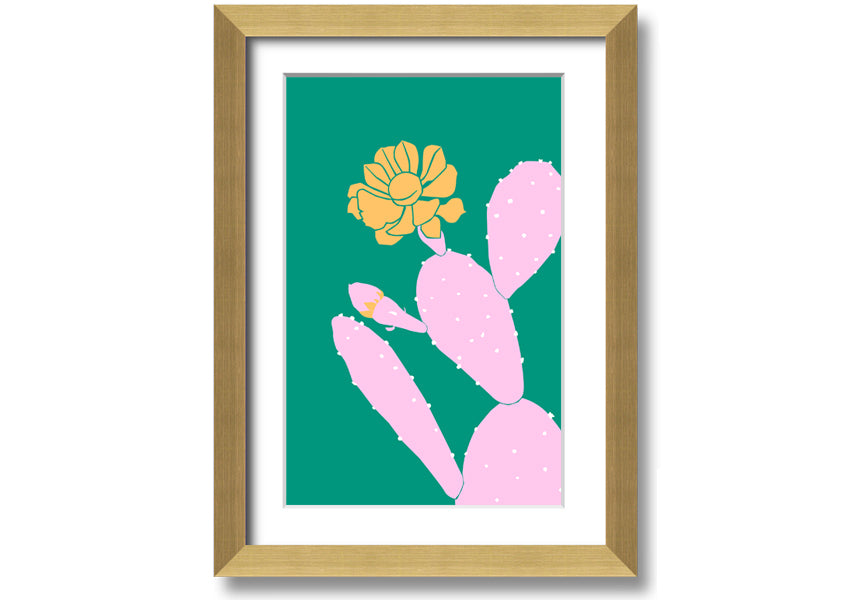 A vibrant pink cactus with a bright yellow flower, beautifully framed, ready to hang.