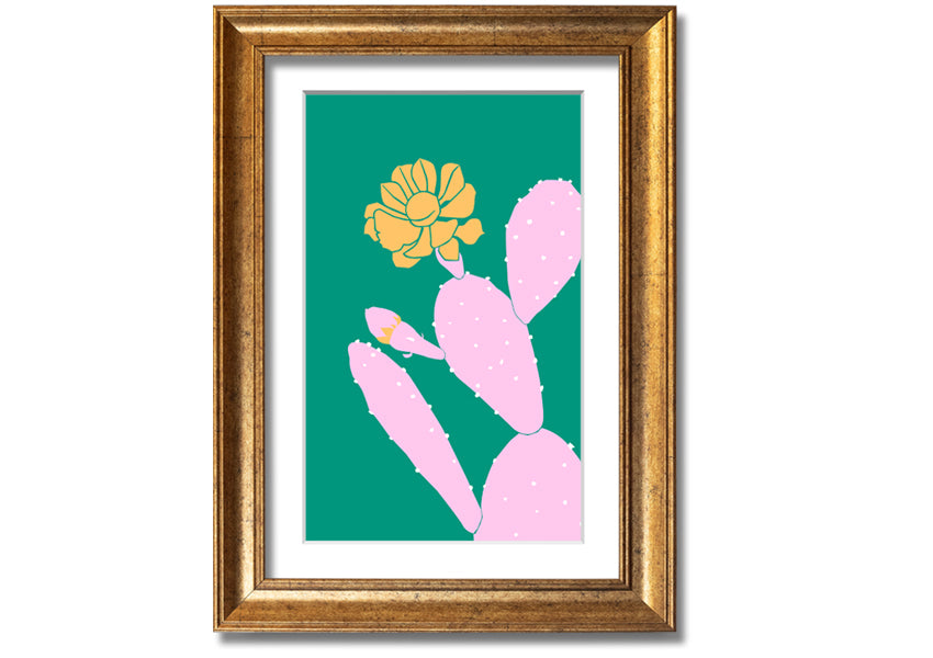 A vibrant pink cactus with a bright yellow flower, beautifully framed, ready to hang.