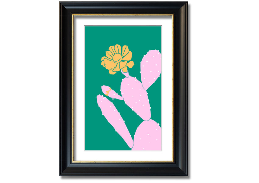 A vibrant pink cactus with a bright yellow flower, beautifully framed, ready to hang.
