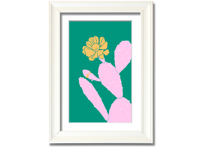 A vibrant pink cactus with a bright yellow flower, beautifully framed, ready to hang.