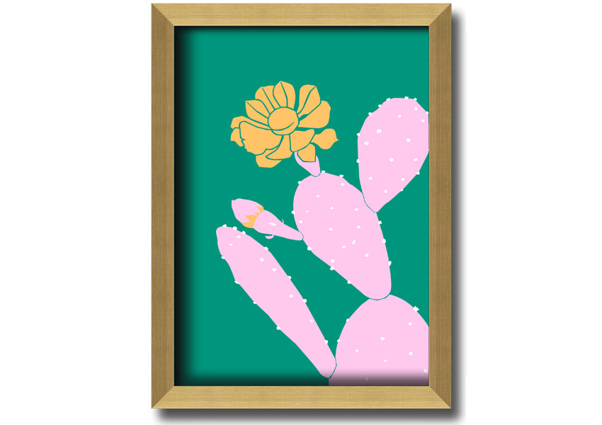 A vibrant pink cactus with a bright yellow flower, beautifully framed, ready to hang.