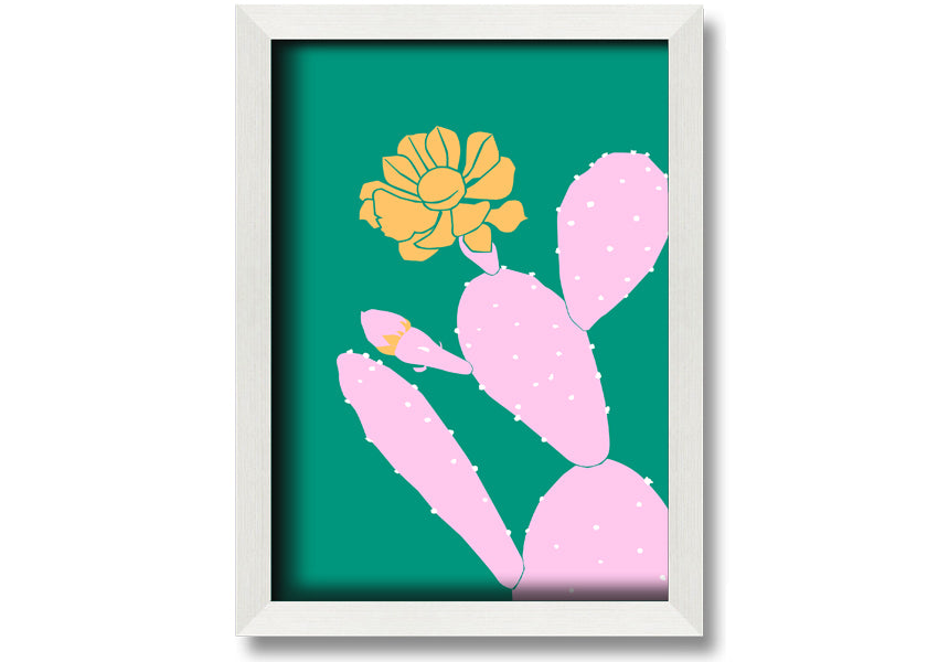 A vibrant pink cactus with a bright yellow flower, beautifully framed, ready to hang.