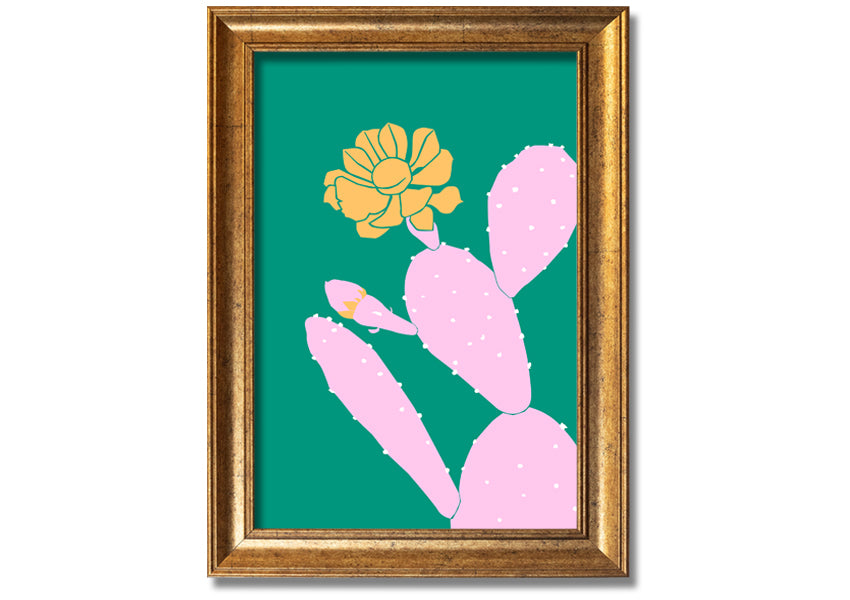 A vibrant pink cactus with a bright yellow flower, beautifully framed, ready to hang.