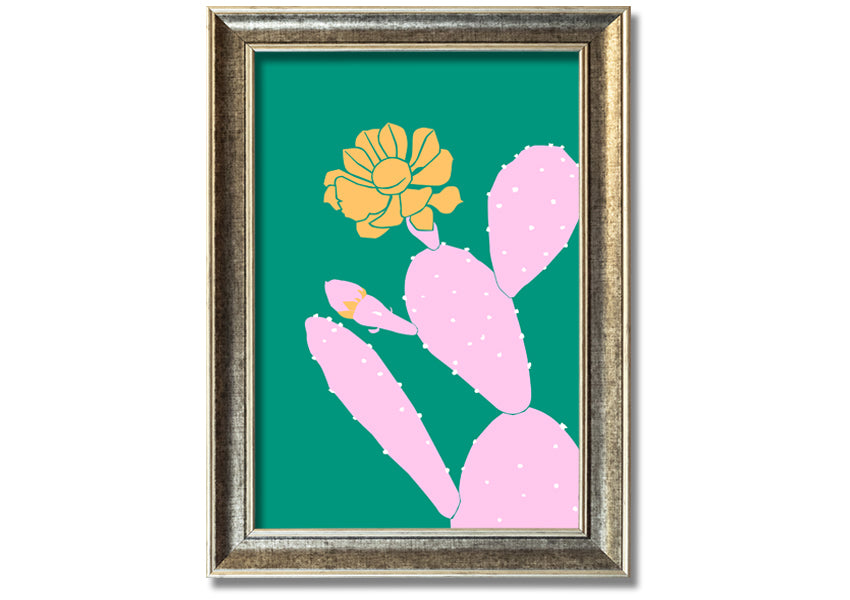 A vibrant pink cactus with a bright yellow flower, beautifully framed, ready to hang.