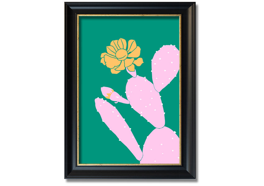 A vibrant pink cactus with a bright yellow flower, beautifully framed, ready to hang.