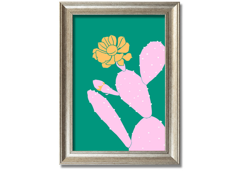 A vibrant pink cactus with a bright yellow flower, beautifully framed, ready to hang.