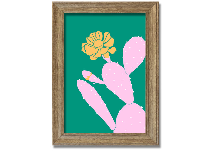 A vibrant pink cactus with a bright yellow flower, beautifully framed, ready to hang.