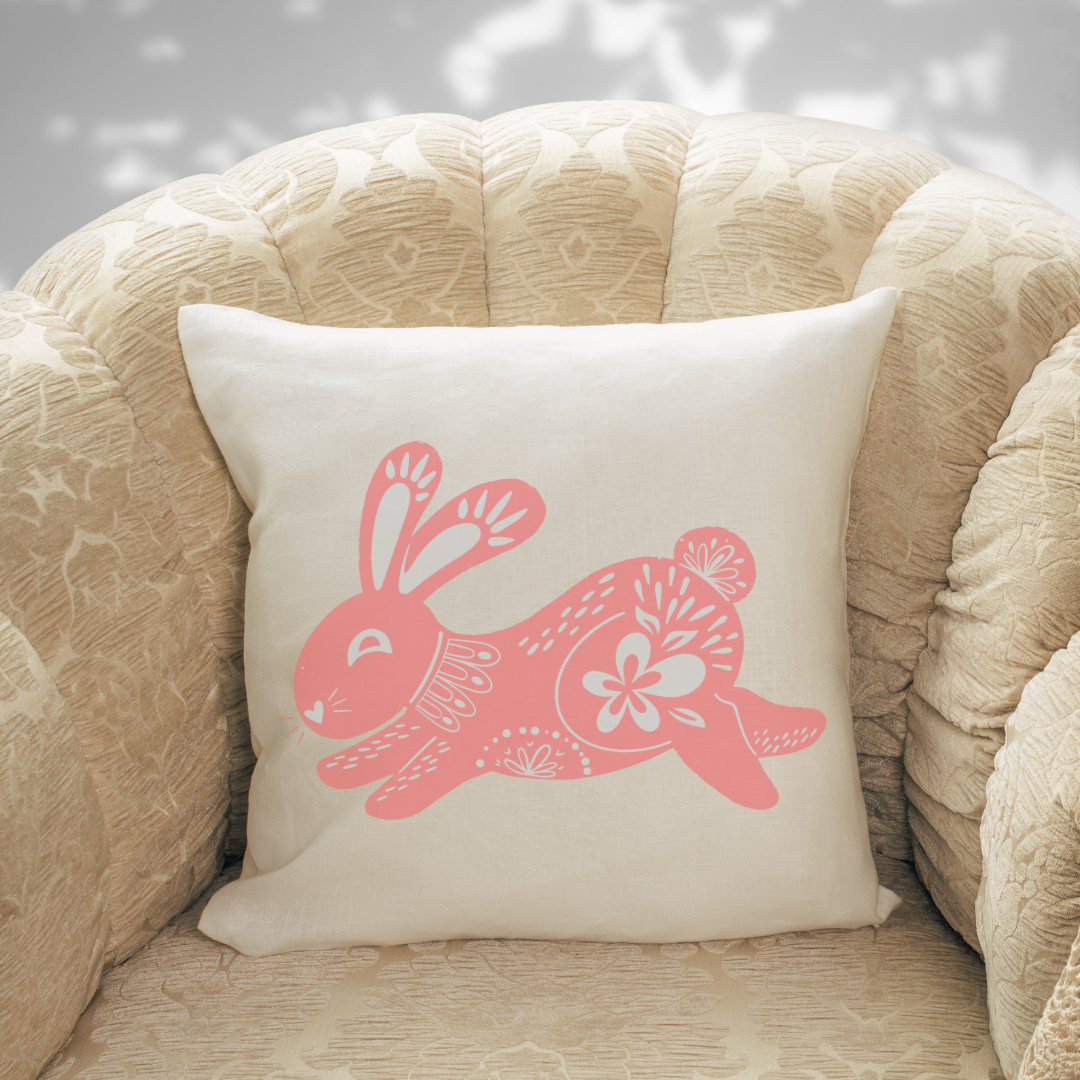 Pink Doodle Bunny Pillow Cover featuring a whimsical bunny design on soft linen fabric, perfect for Spring decor.