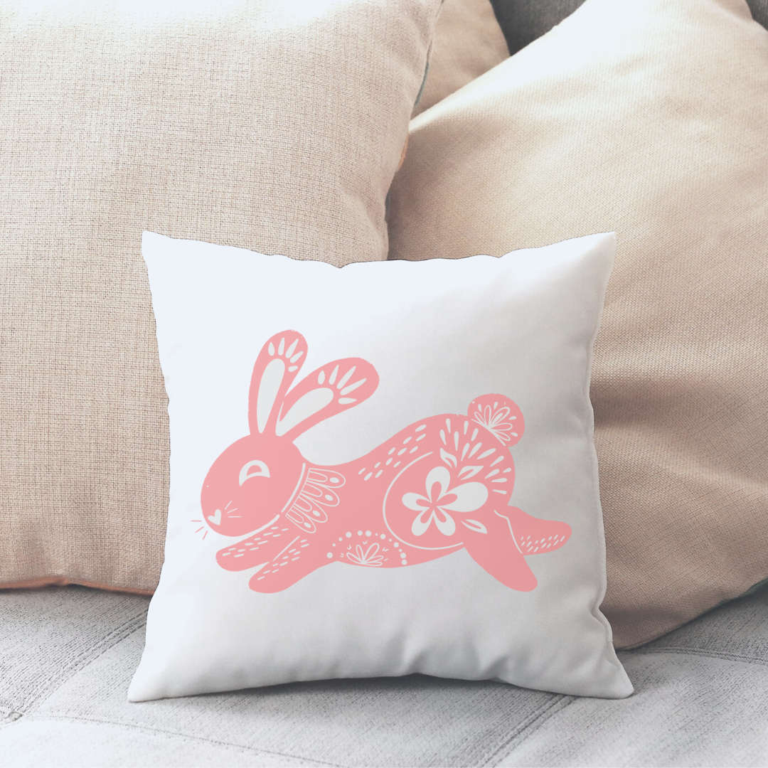 Pink Doodle Bunny Pillow Cover featuring a whimsical bunny design on soft linen fabric, perfect for Spring decor.