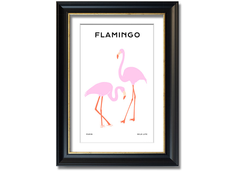 A vibrant Pink Flamingo framed print showcasing a beautiful flamingo design, ready to hang.
