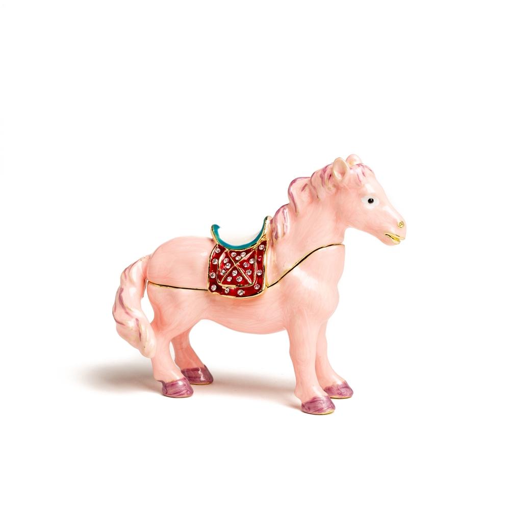 A beautifully handcrafted Pink Horse trinket box, adorned with Austrian crystals and plated in 24K gold, showcasing intricate details and vibrant colors.