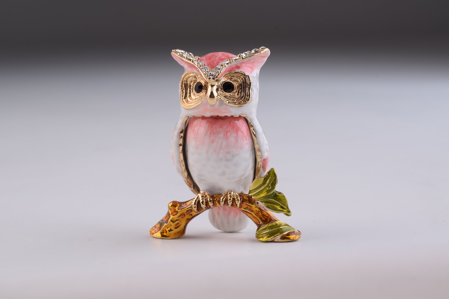 Handcrafted Pink Owl trinket box with Austrian crystals and gold plating, featuring a secure magnetic closure.