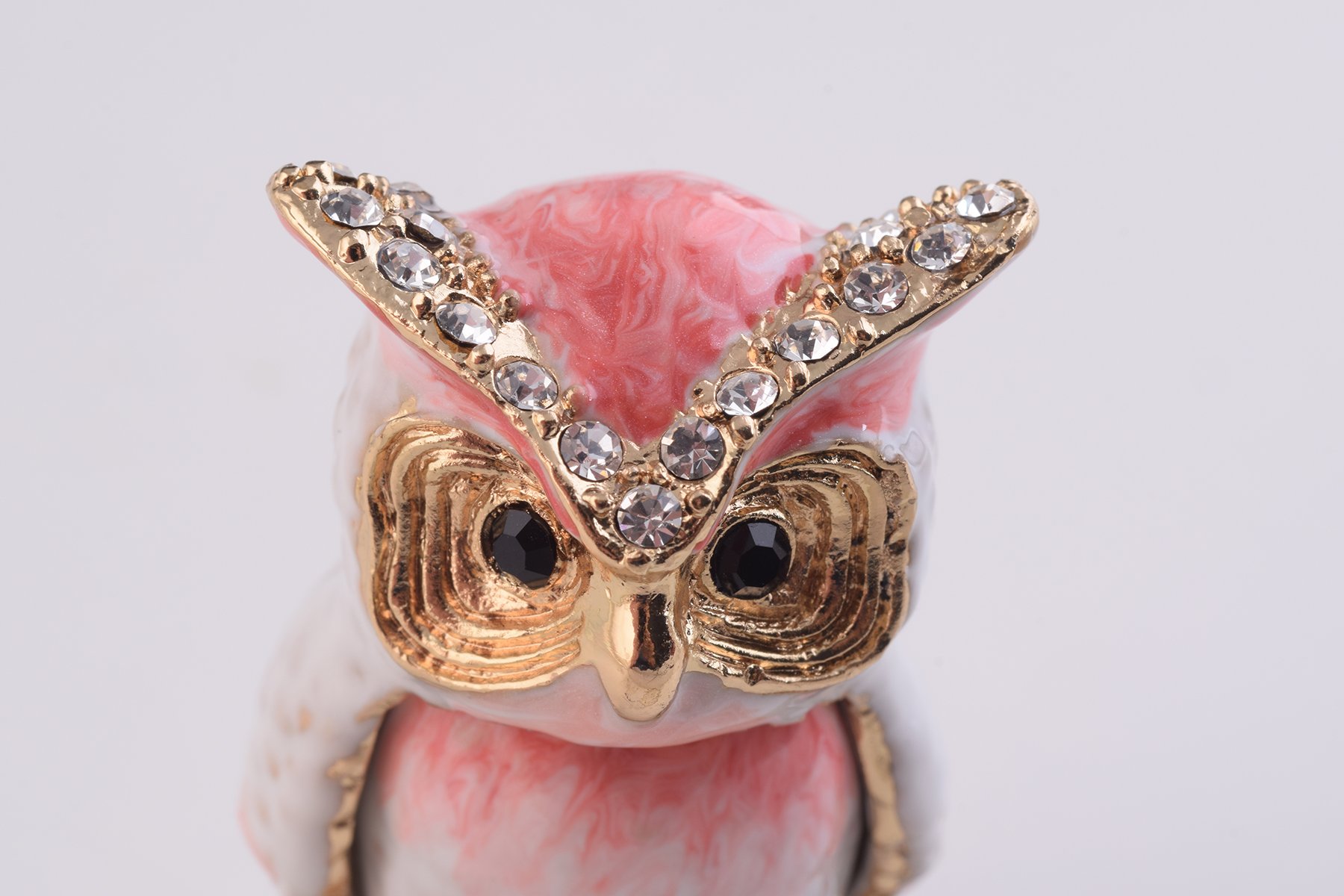 Handcrafted Pink Owl trinket box with Austrian crystals and gold plating, featuring a secure magnetic closure.