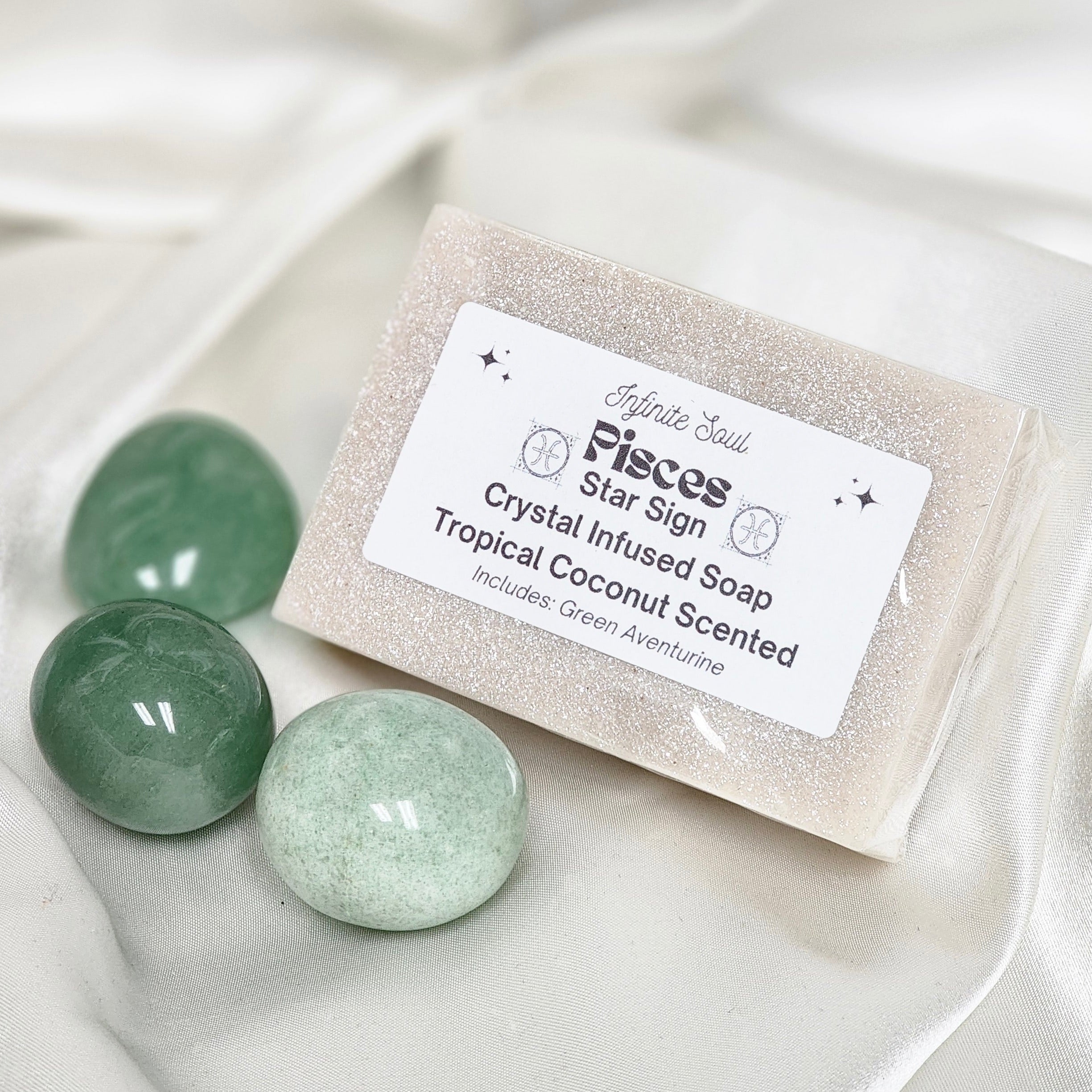 Pisces Star Sign Crystal Infused Soap with tropical coconut scent, featuring a Howlite tumbled stone for spiritual healing.
