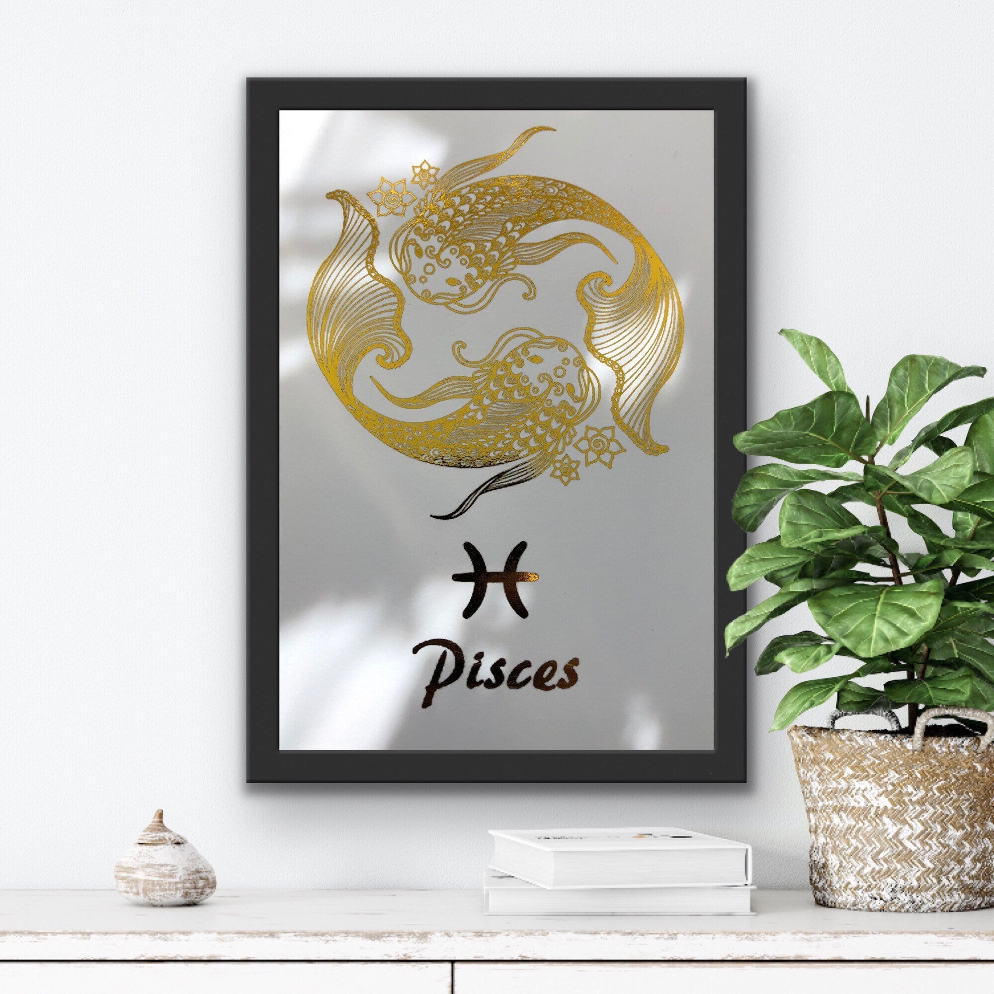 Pisces Star Sign Foil Print featuring two fish symbolizing the zodiac sign, elegantly designed with shimmering foil.