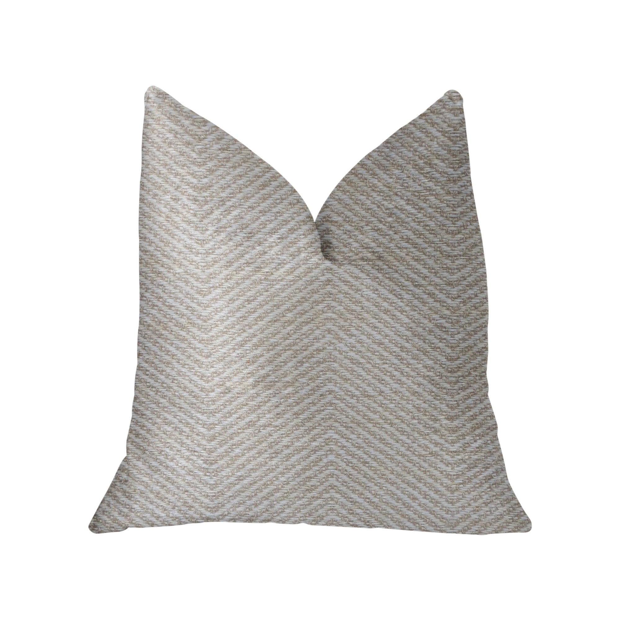 Plainville Beige Luxury Throw Pillow featuring a chevron pattern, handmade in the USA with an invisible zipper and hypoallergenic fill.