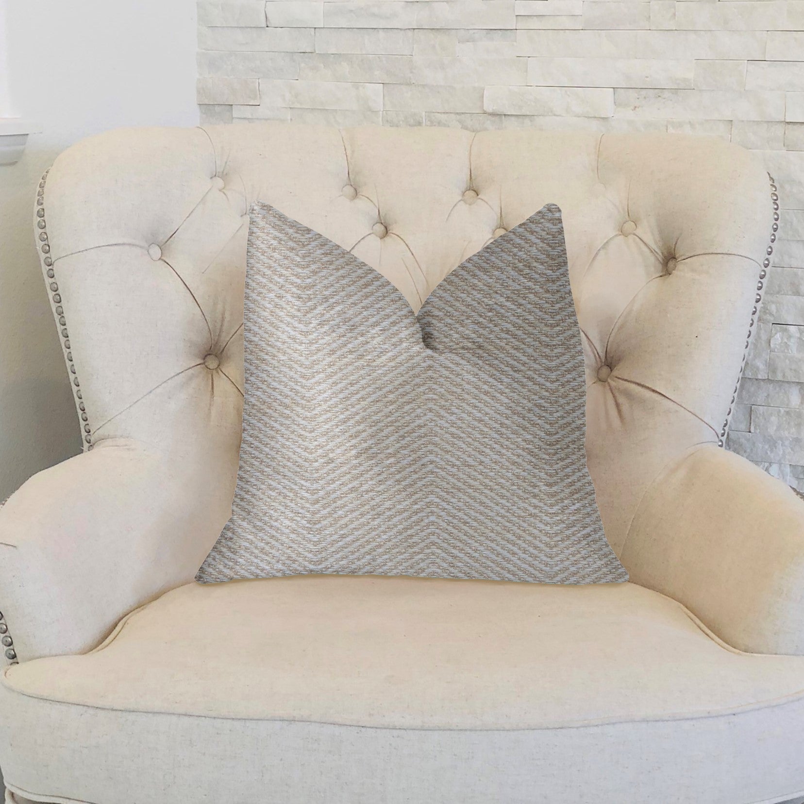 Plainville Beige Luxury Throw Pillow featuring a chevron pattern, handmade in the USA with an invisible zipper and hypoallergenic fill.