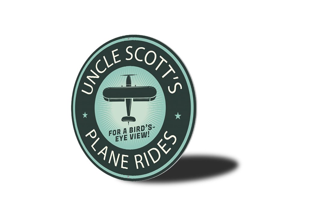 Plane Rides Bird's Eye View Hangar Sign made of aluminum, featuring a decorative aviation design, perfect for home or garage decor.