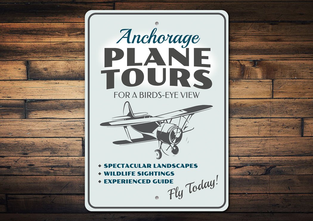 Plane Tours Plane Ride Sign made of high-quality aluminum, featuring customizable text and pre-drilled holes for easy mounting.