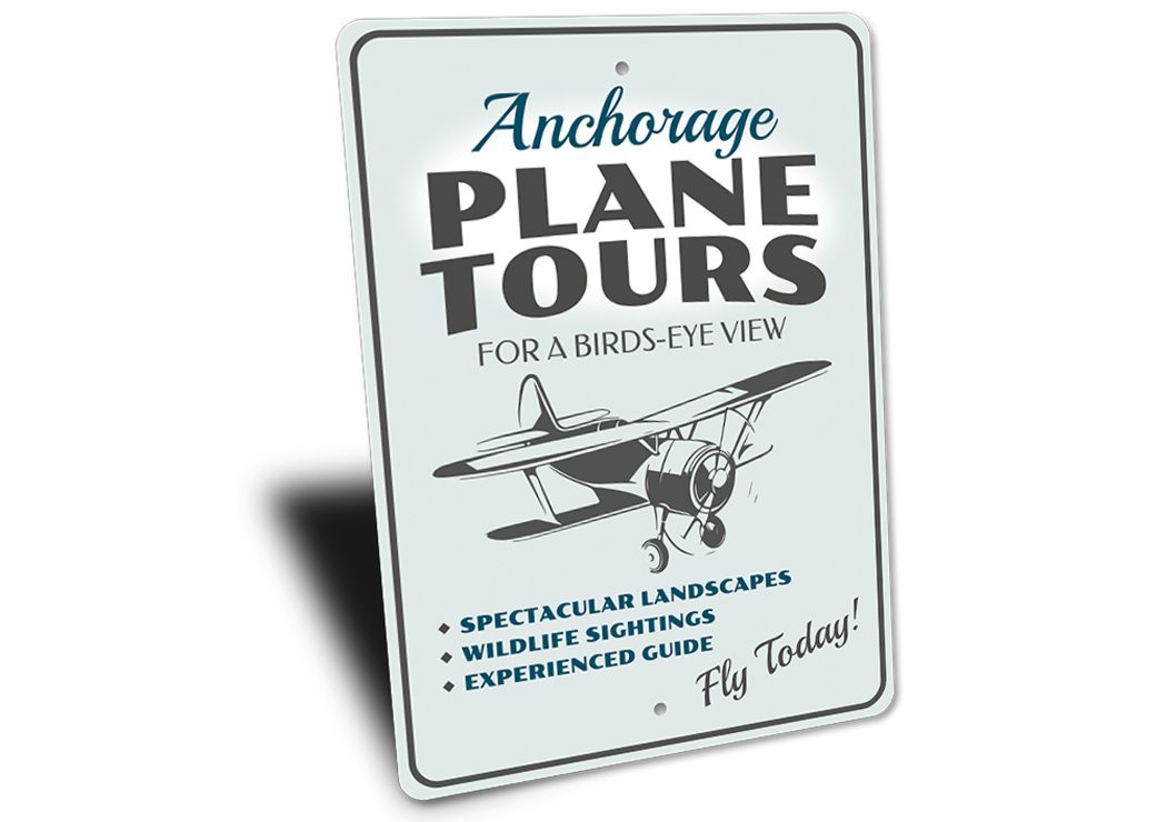 Plane Tours Plane Ride Sign made of high-quality aluminum, featuring customizable text and pre-drilled holes for easy mounting.