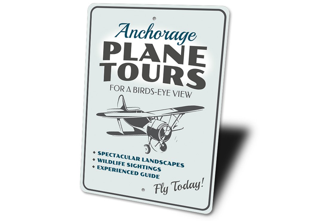 Plane Tours Plane Ride Sign made of high-quality aluminum, featuring customizable text and pre-drilled holes for easy mounting.