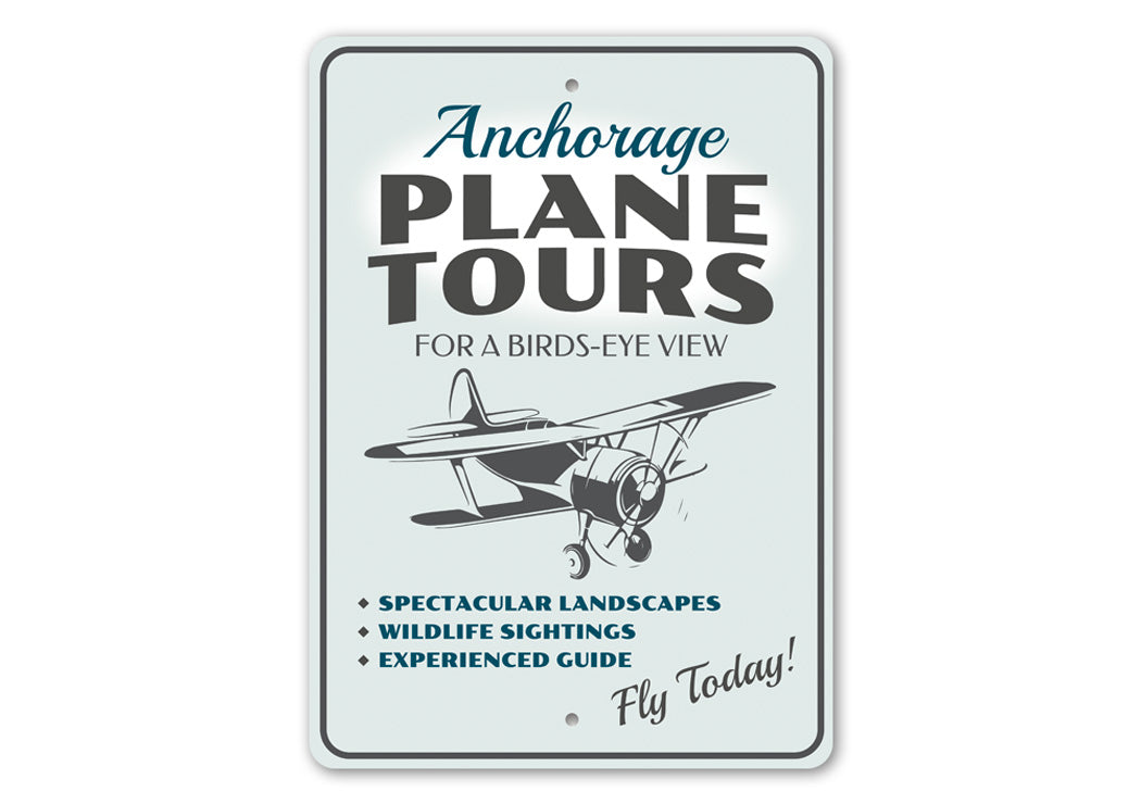 Plane Tours Plane Ride Sign made of high-quality aluminum, featuring customizable text and pre-drilled holes for easy mounting.