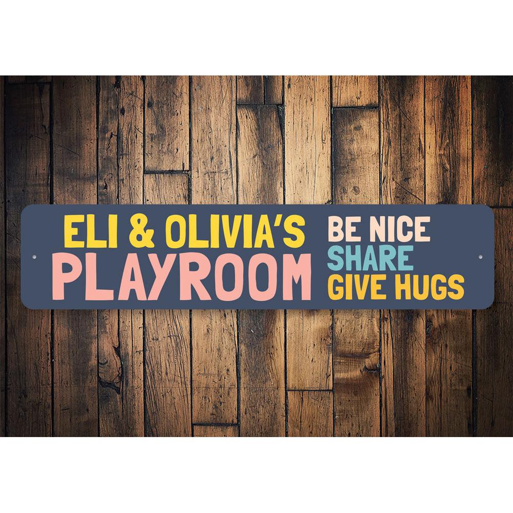 Customizable Playroom Sign made of durable aluminum, featuring vibrant colors and pre-drilled holes for easy mounting.