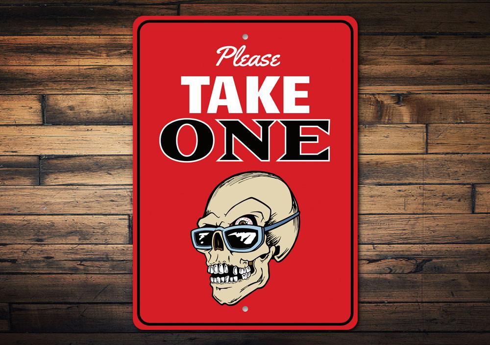 A decorative 'Please Take One' Halloween sign made of high-quality aluminum, featuring spooky design elements suitable for indoor and outdoor use.