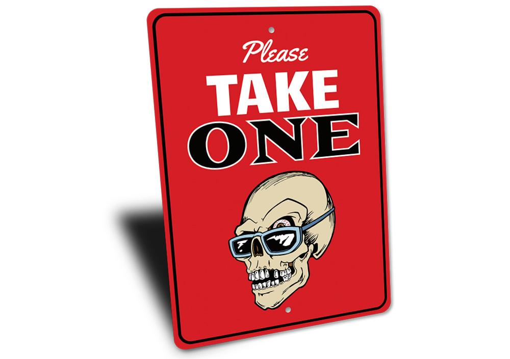 A decorative 'Please Take One' Halloween sign made of high-quality aluminum, featuring spooky design elements suitable for indoor and outdoor use.