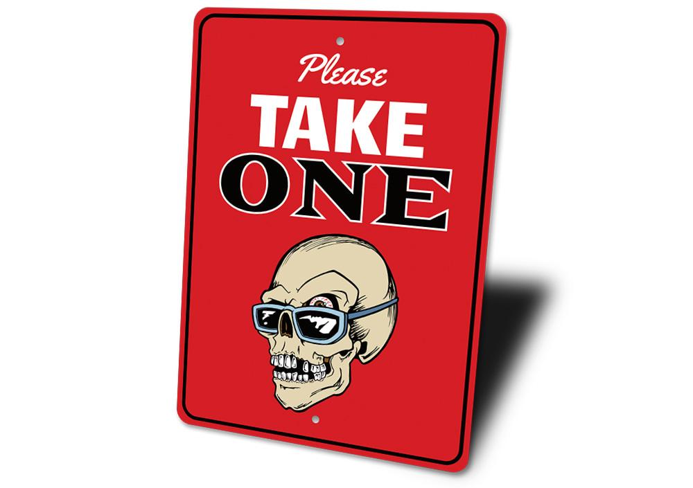 A decorative 'Please Take One' Halloween sign made of high-quality aluminum, featuring spooky design elements suitable for indoor and outdoor use.