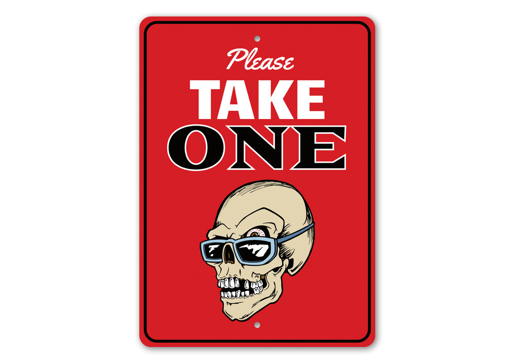 A decorative 'Please Take One' Halloween sign made of high-quality aluminum, featuring spooky design elements suitable for indoor and outdoor use.