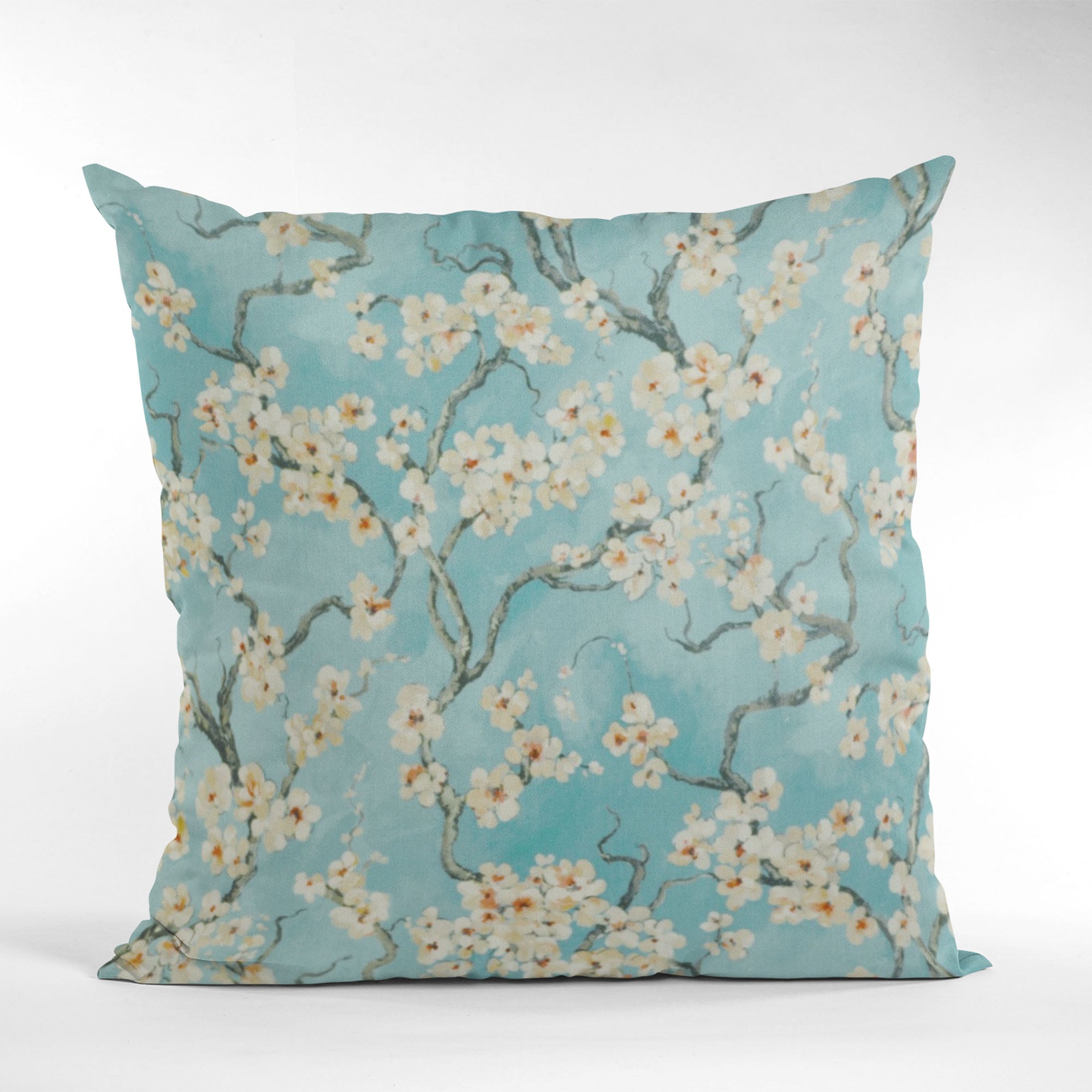 Plutus Azure Garden Cherry Blossoms throw pillow featuring a luxurious linen-like texture and vibrant cherry blossom print, perfect for home decor.