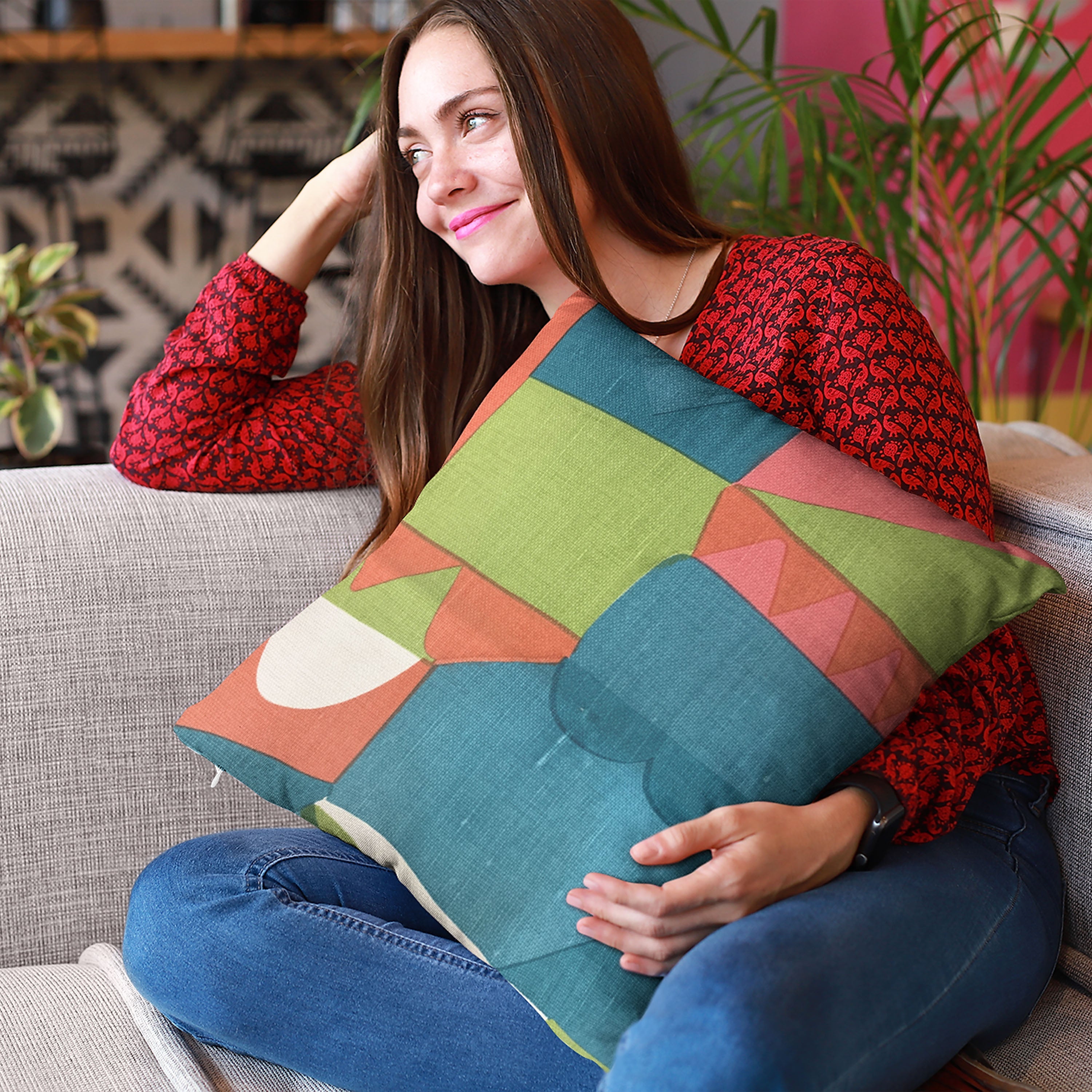 Plutus Blue Dino Graphic Print Luxury Throw Pillow featuring a vibrant blue dinosaur design on a soft cotton-linen blend fabric.