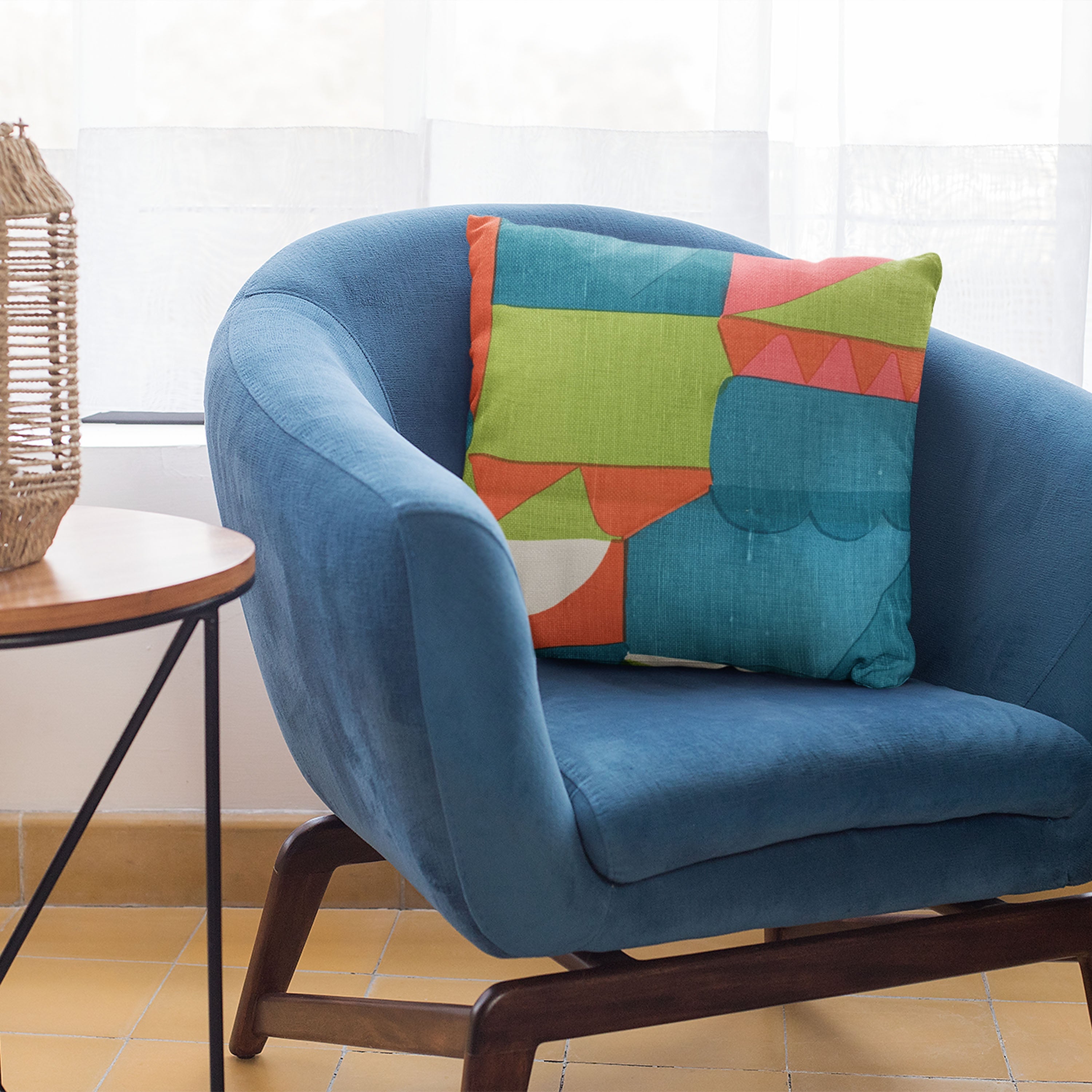 Plutus Blue Dino Graphic Print Luxury Throw Pillow featuring a vibrant blue dinosaur design on a soft cotton-linen blend fabric.