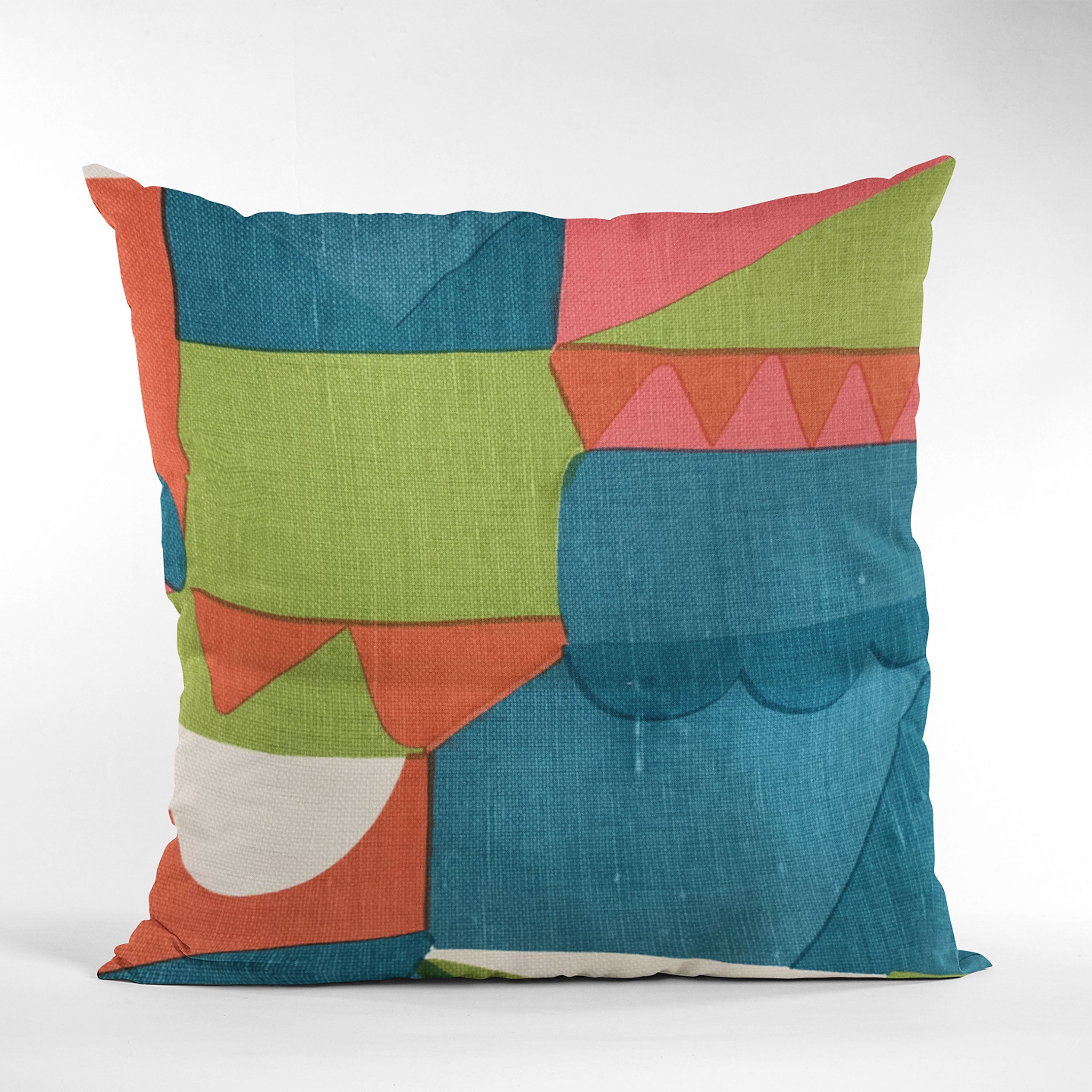 Plutus Blue Dino Graphic Print Luxury Throw Pillow featuring a vibrant blue dinosaur design on a soft cotton-linen blend fabric.