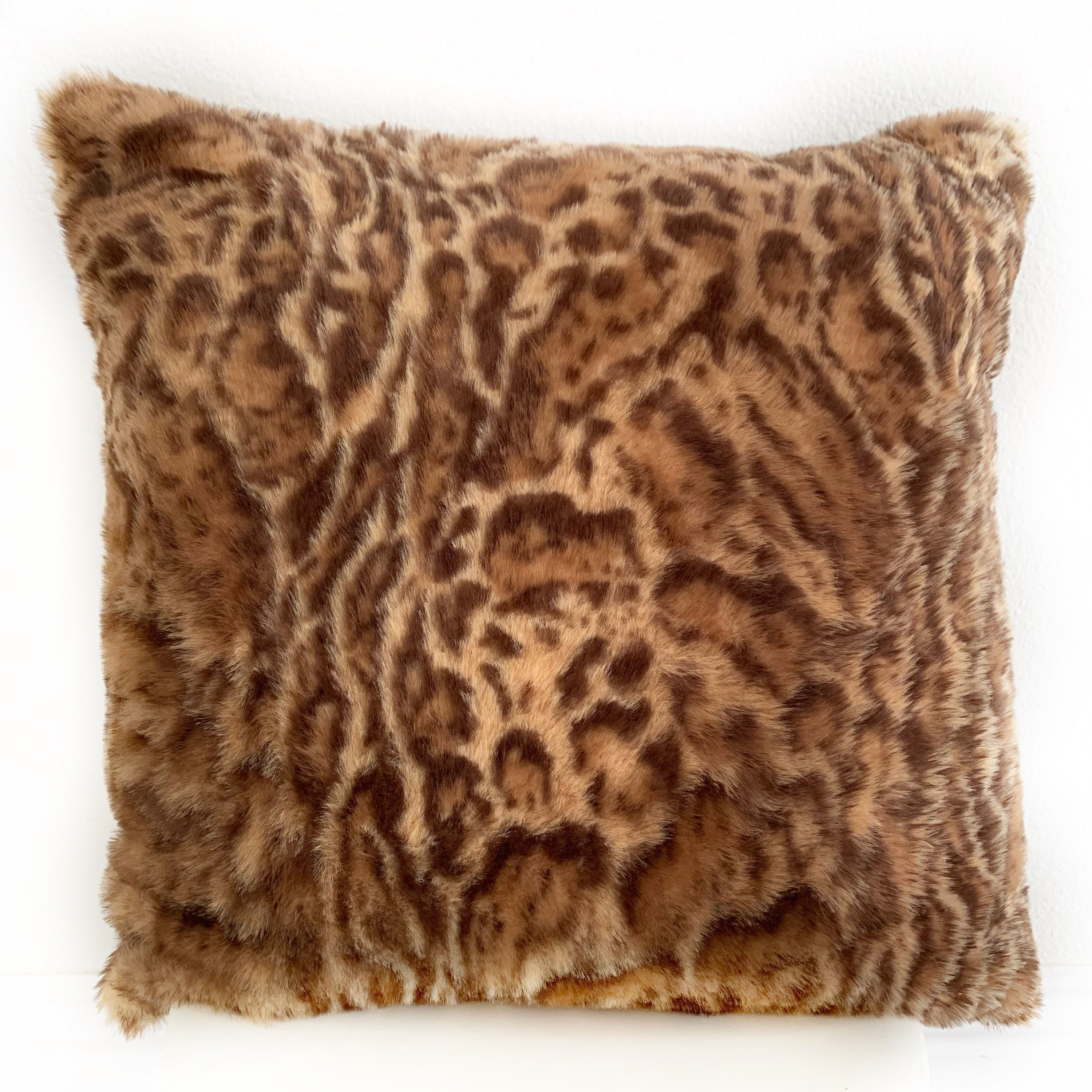 Plutus Brown and Beige Jungle Cat Faux Fur Luxury Throw Pillow showcasing a stylish animal print design, perfect for home decor.