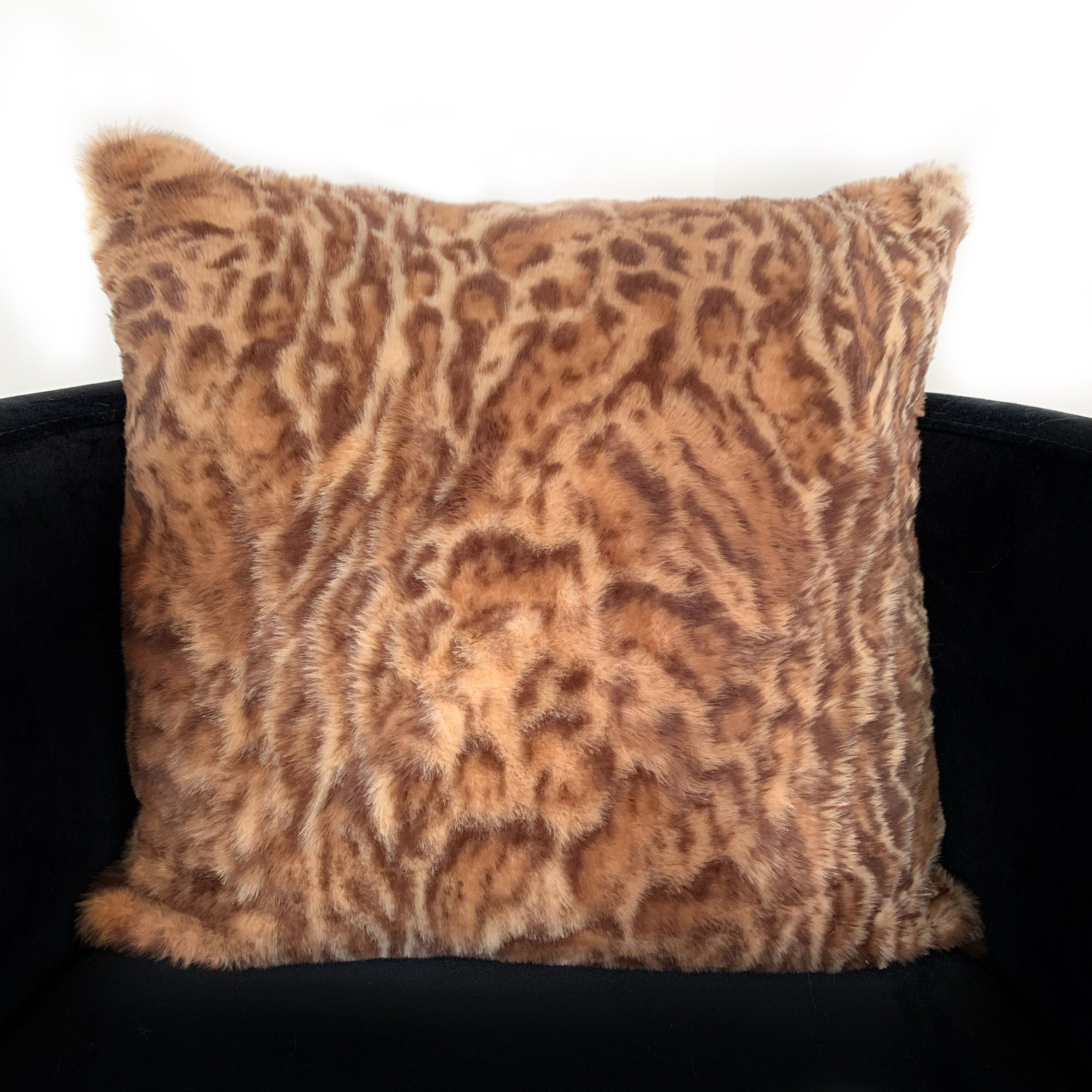 Plutus Brown and Beige Jungle Cat Faux Fur Luxury Throw Pillow showcasing a stylish animal print design, perfect for home decor.