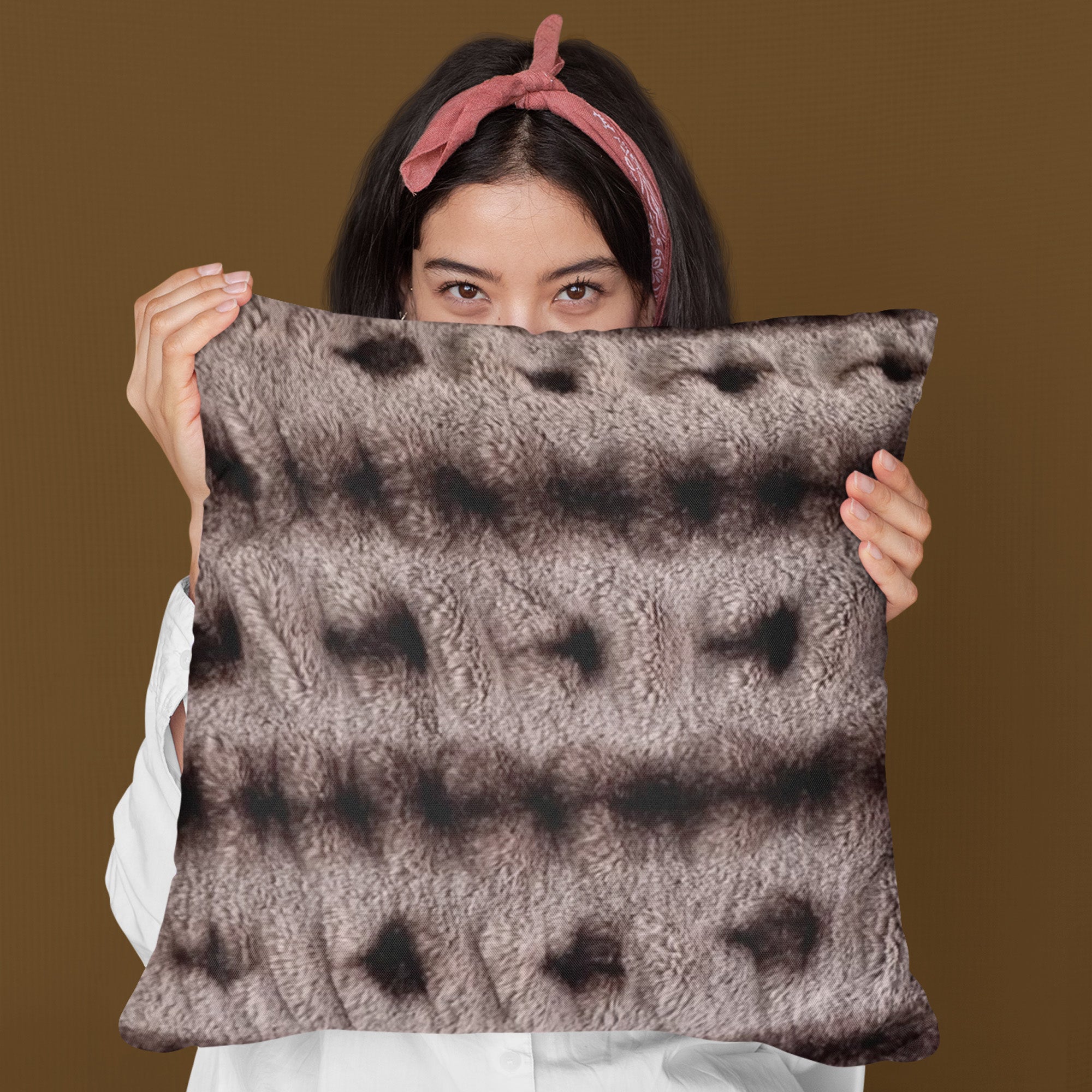 Plutus Brown Fluffy Bunni Animal Faux Fur Luxury Throw Pillow showcasing its soft texture and rich brown color, perfect for home decor.