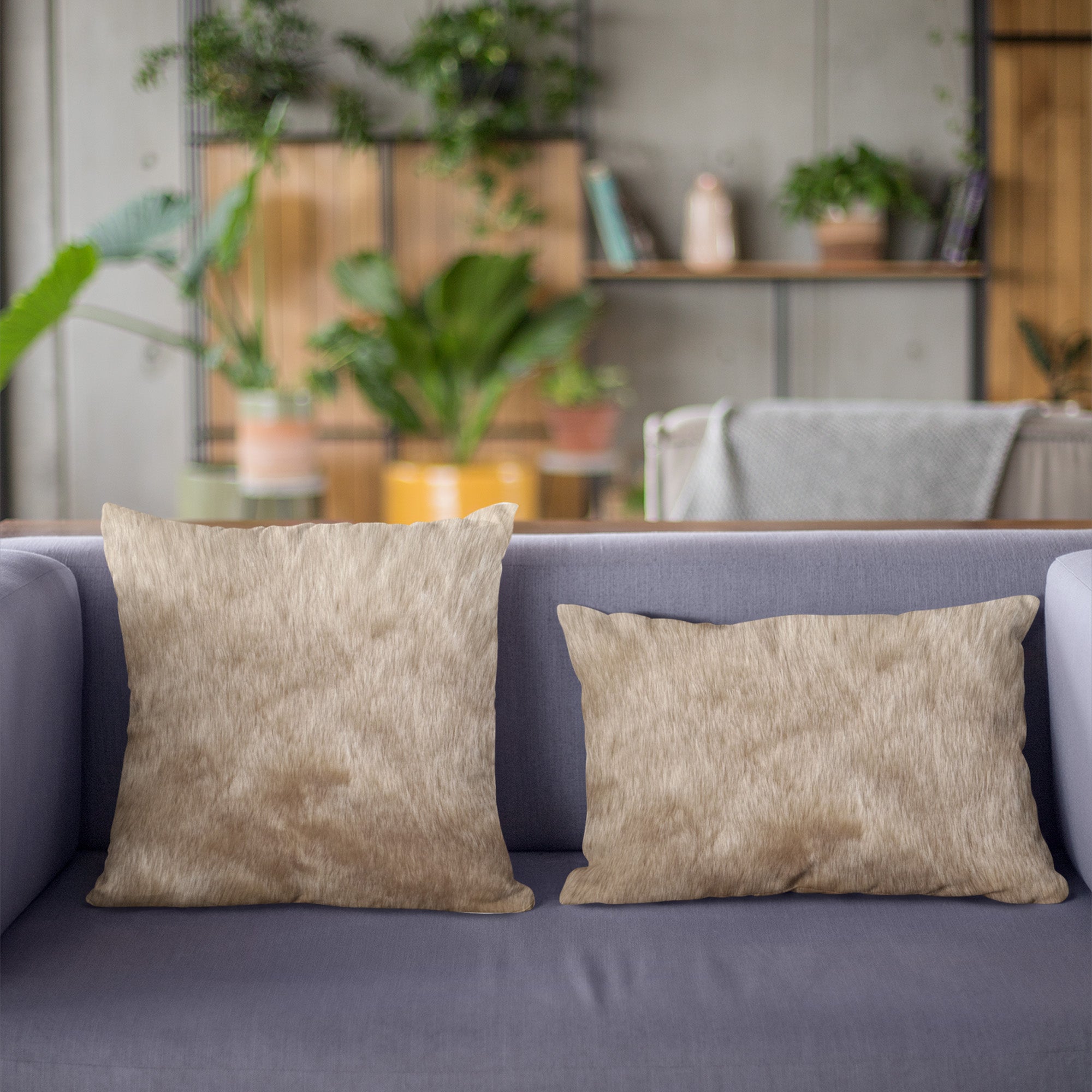 Plutus Brown Gold Rabbit Faux Fur Luxury Throw Pillow showcasing its plush texture and elegant color combination, perfect for home decor.