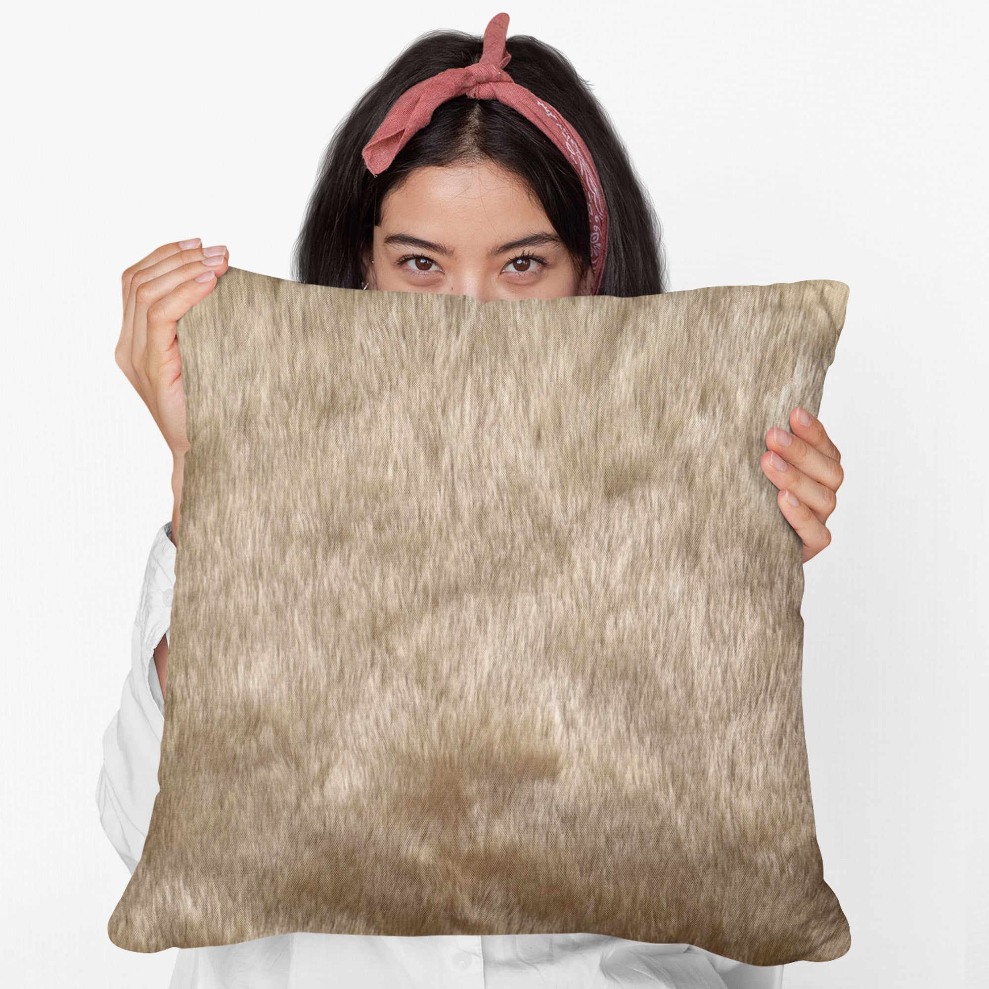 Plutus Brown Gold Rabbit Faux Fur Luxury Throw Pillow showcasing its plush texture and elegant color combination, perfect for home decor.