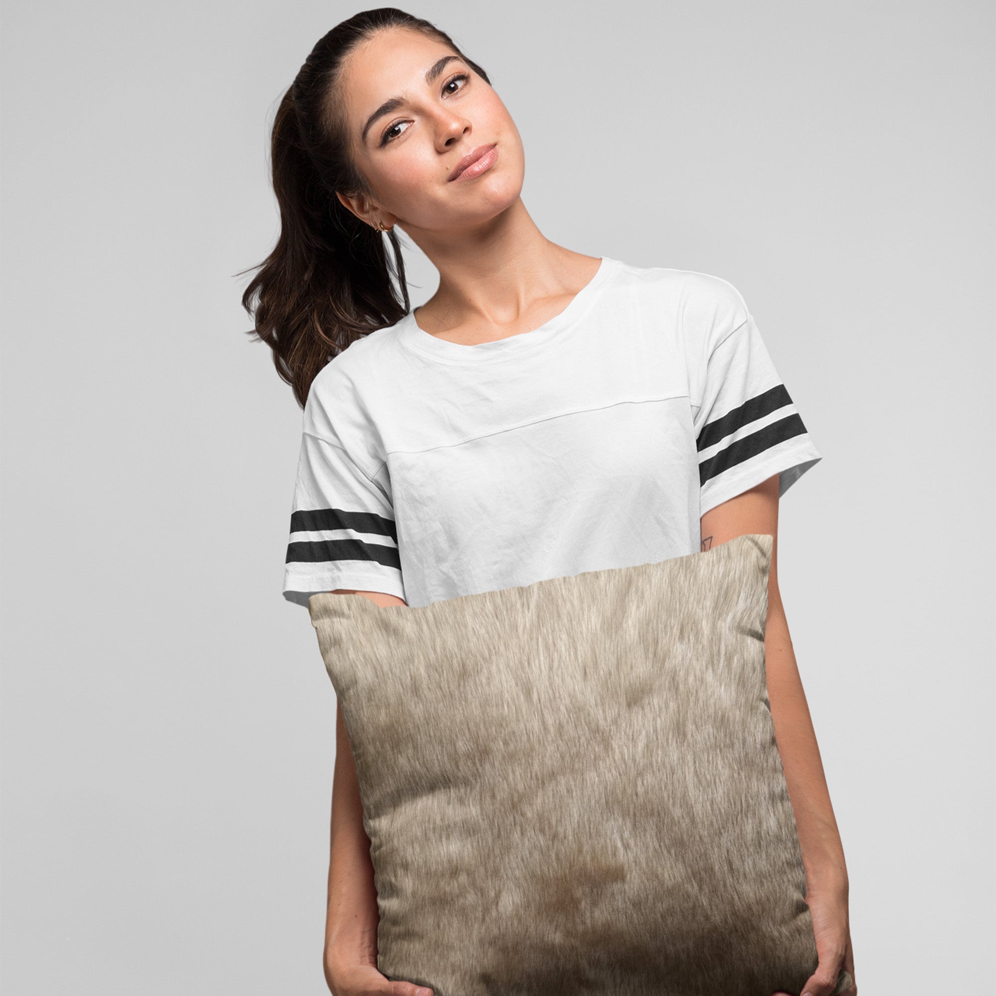 Plutus Brown Gold Rabbit Faux Fur Luxury Throw Pillow showcasing its plush texture and elegant color combination, perfect for home decor.