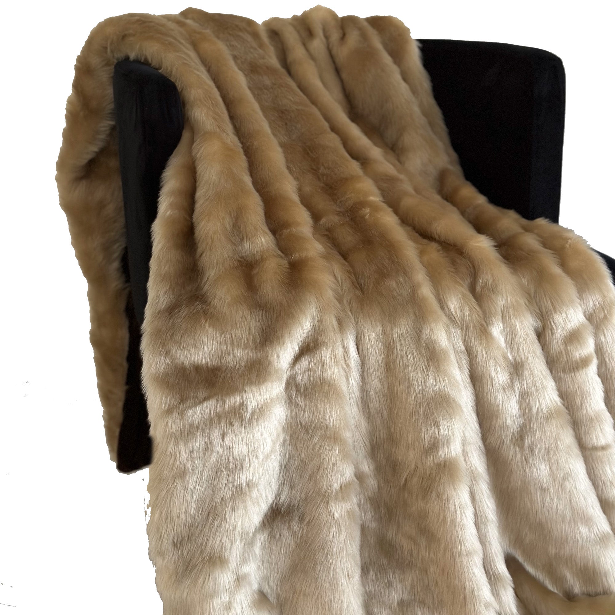 Plutus Brown Gold Rabbit Faux Fur Luxury Throw Blanket draped elegantly on a couch, showcasing its plush texture and rich color.