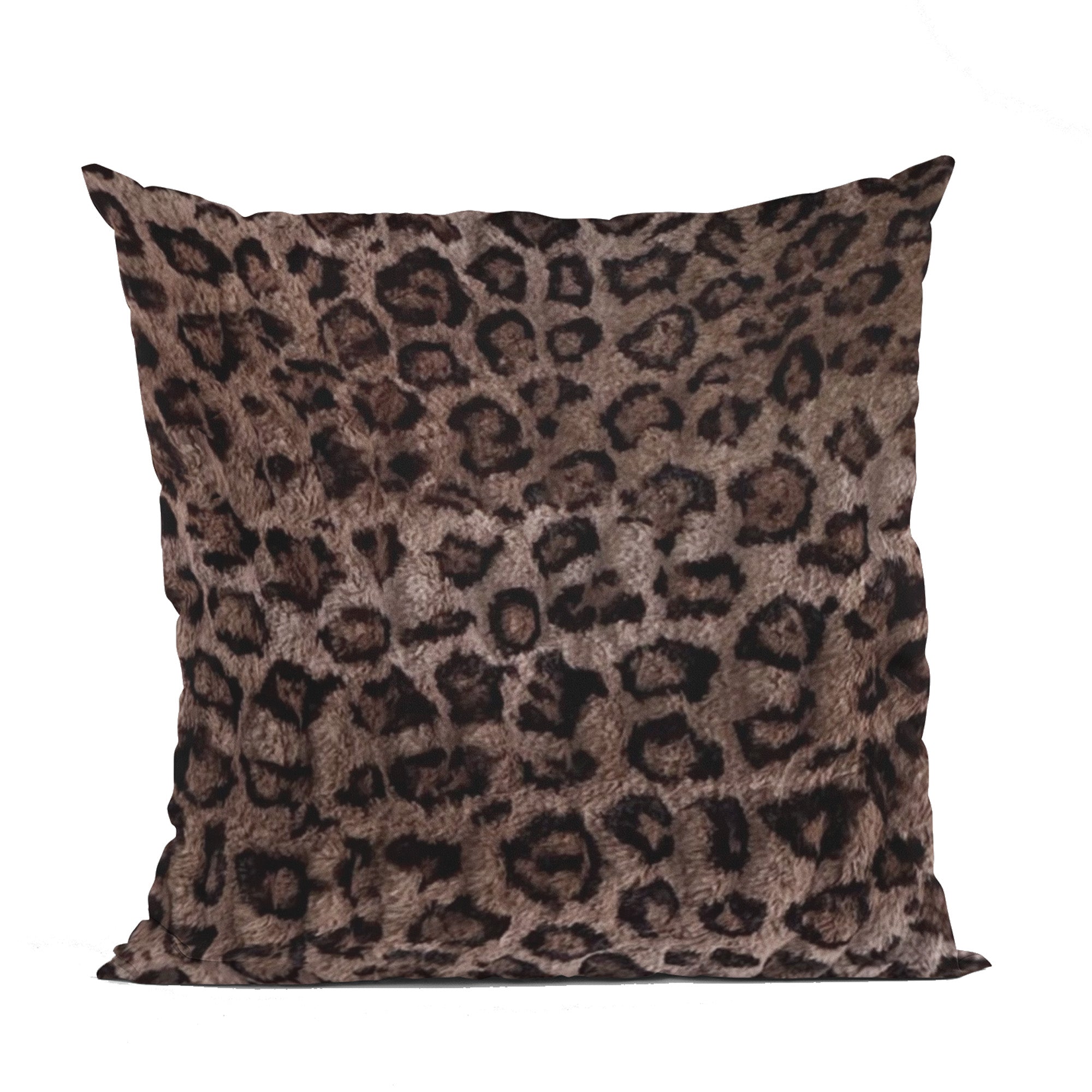Plutus Brown Leopard Animal Faux Fur Luxury Throw Pillow showcasing a soft, velvety texture with a stylish leopard pattern, perfect for home decor.