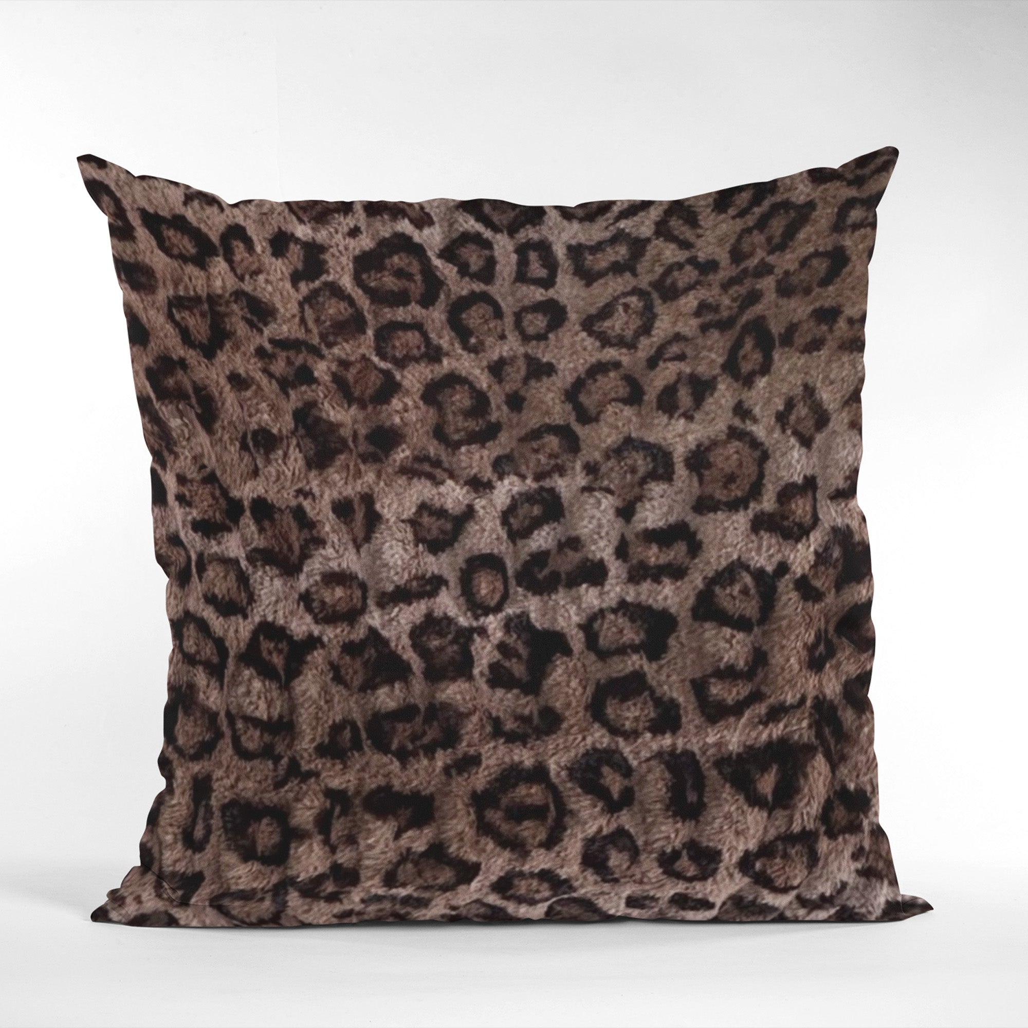 Plutus Brown Leopard Animal Faux Fur Luxury Throw Pillow showcasing a soft, velvety texture with a stylish leopard pattern, perfect for home decor.