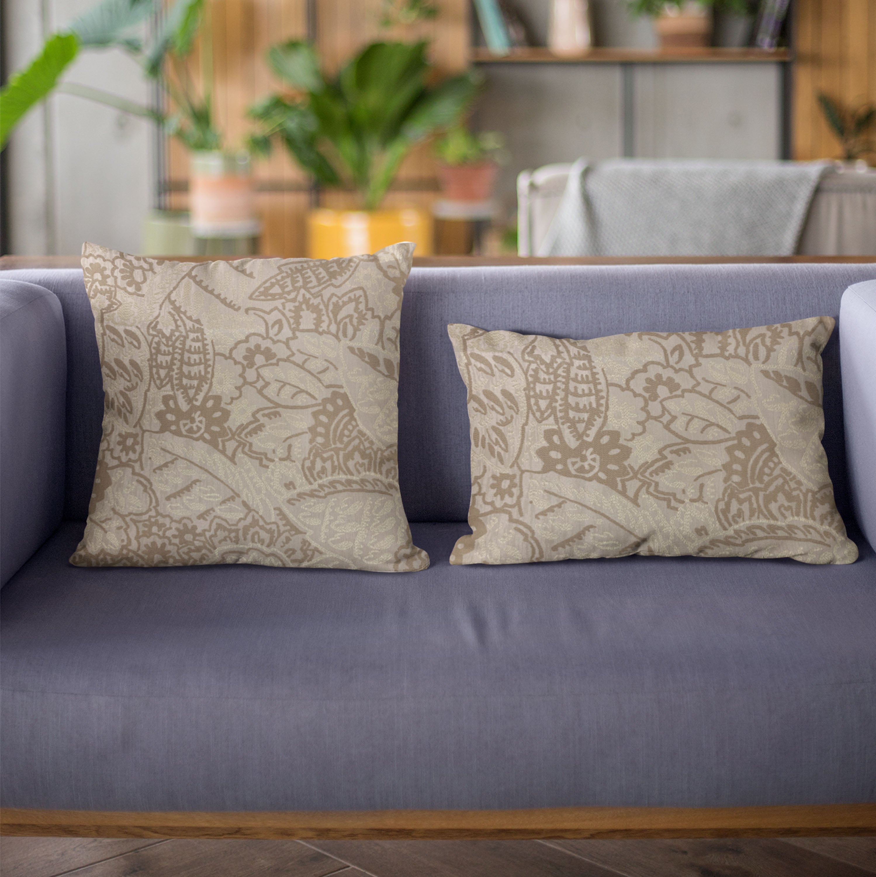 Plutus Brown Mustard Jacquard Luxury Throw Pillow featuring a stylish jacquard pattern in rich brown and mustard colors, with an invisible zipper and soft texture.